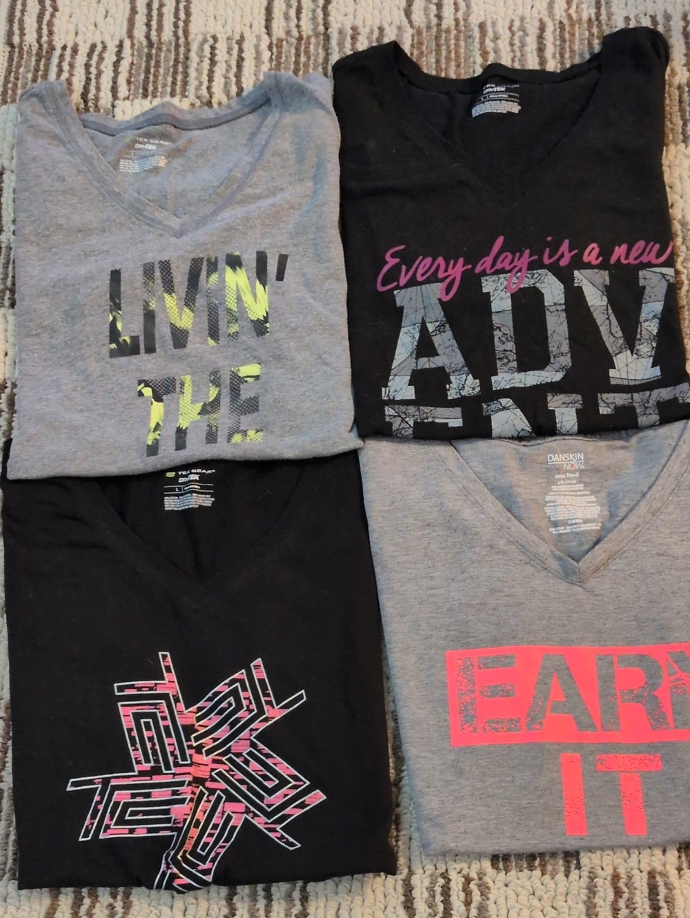 Women's Gray & Black Graphic V-Neck Athletic Tees with Neon Accents.  Set Of 4.